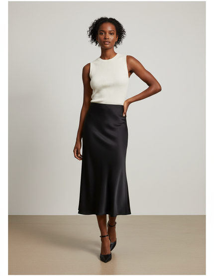 Jupe Midi Noire Satinée Élégante