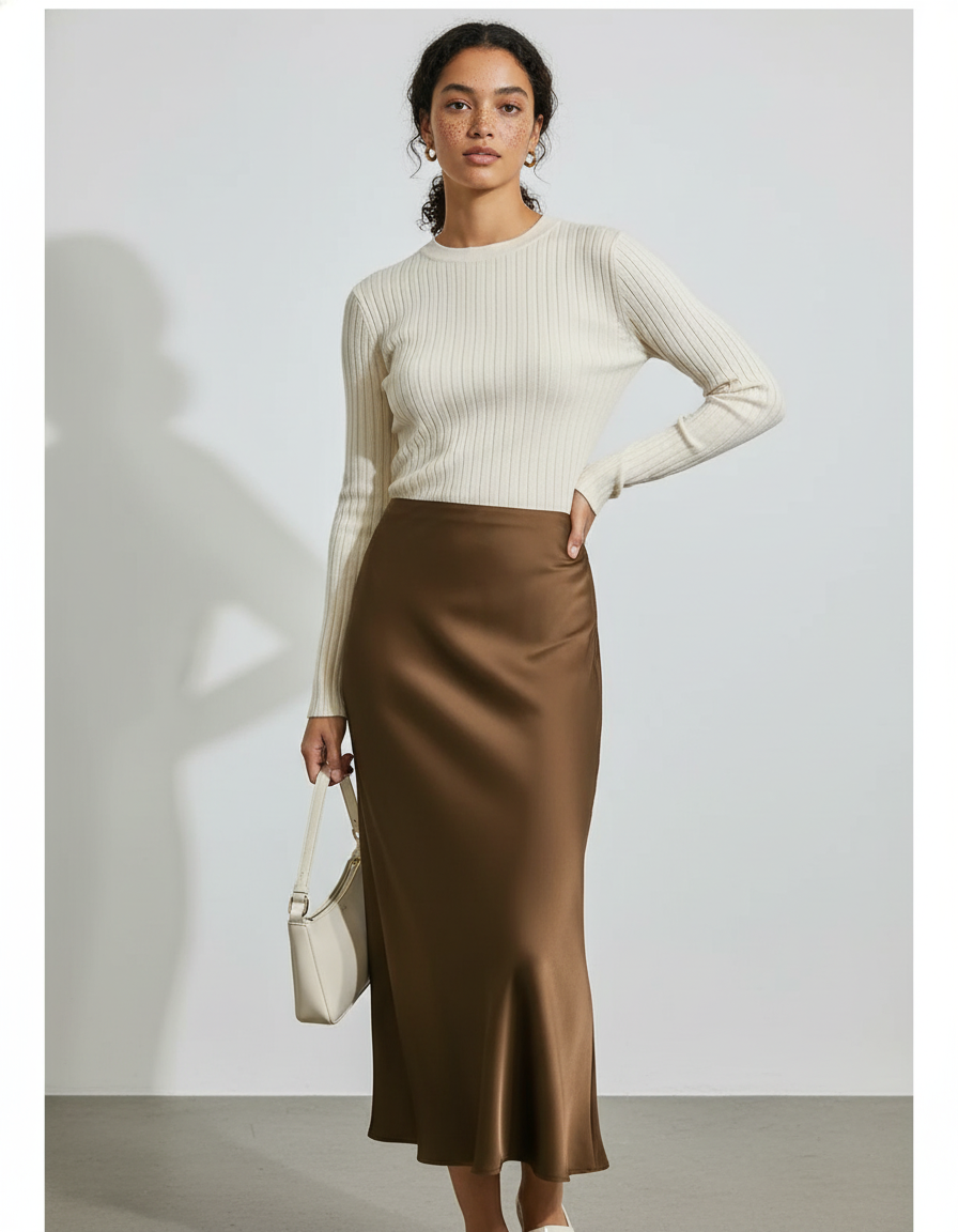 Jupe Midi Satinée Marron Élégante