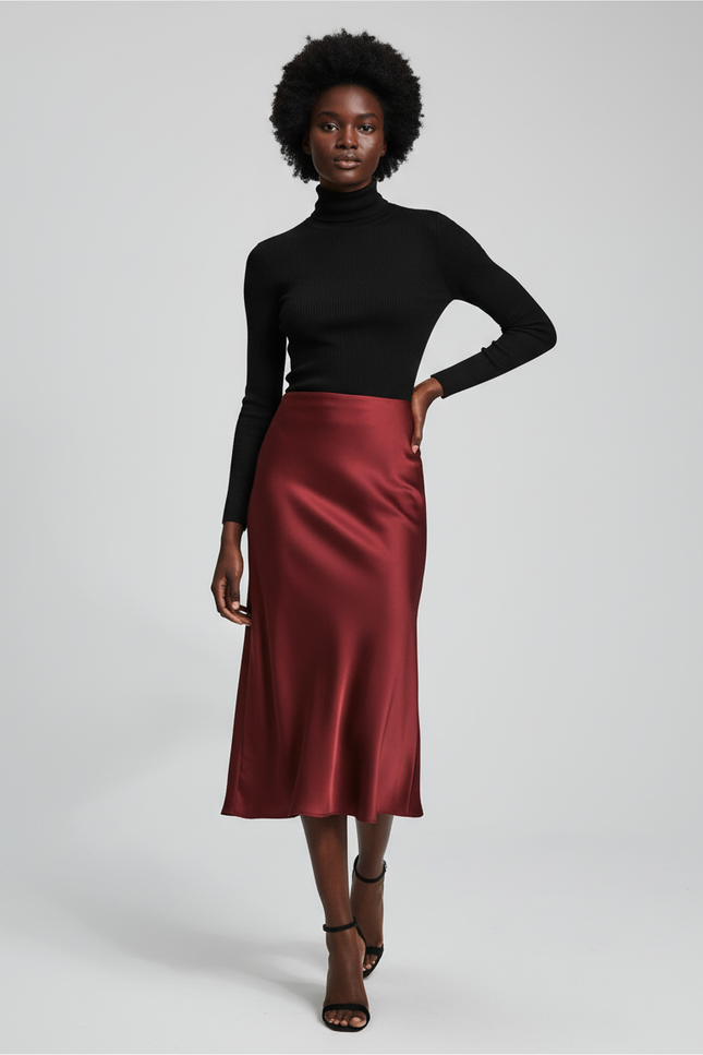 Jupe Midi Satin Bordeaux Élégante