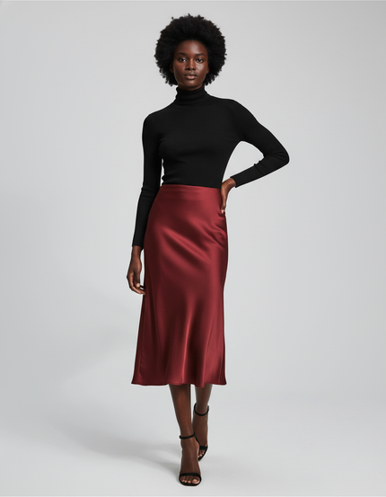 Jupe Midi Satin Bordeaux Élégante