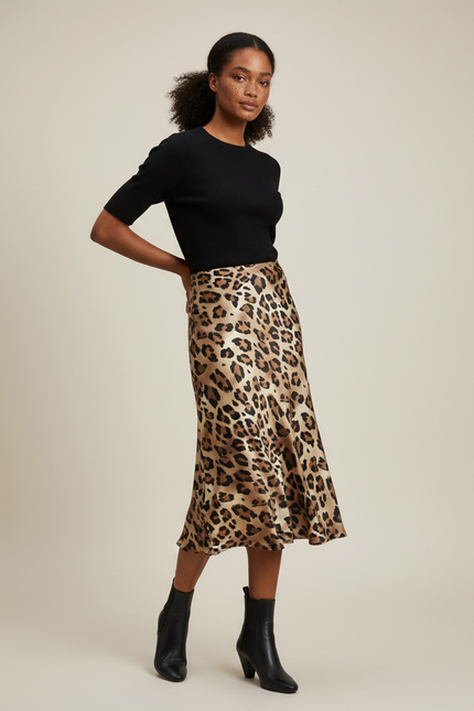 Jupe Midi Satin Léopard Fluide