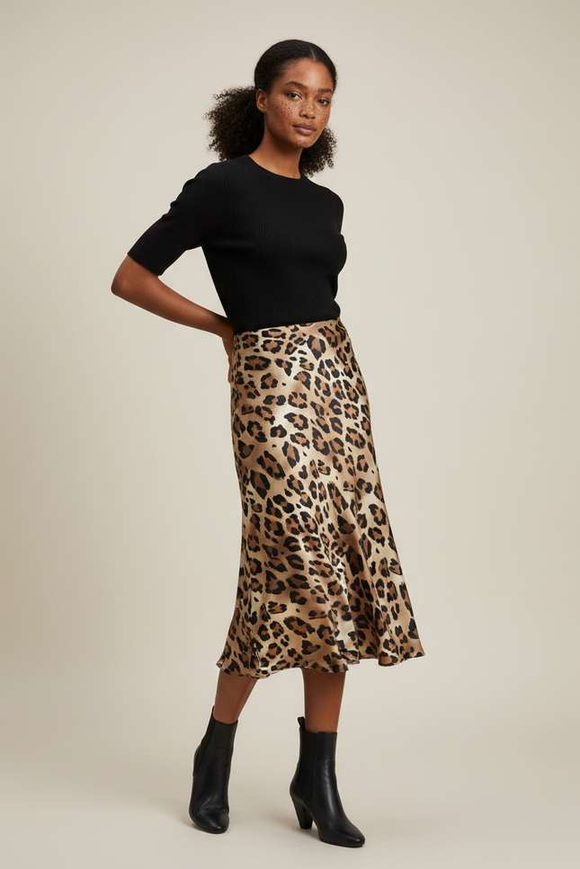 Jupe Midi Satin Léopard Fluide