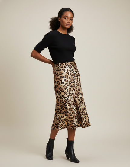 Jupe Midi Satin Léopard Fluide