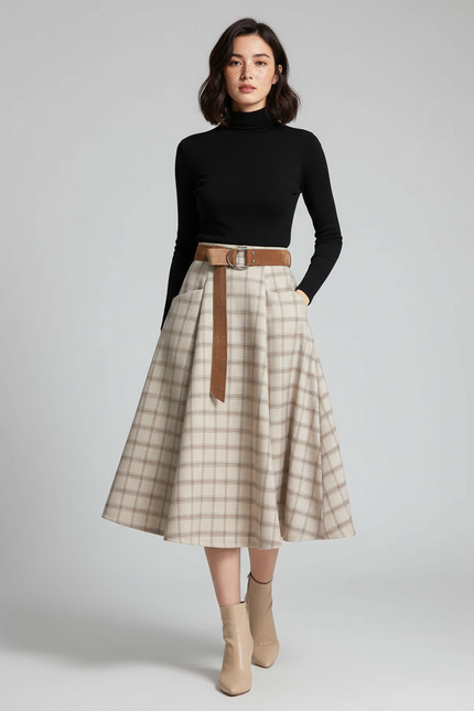 Jupe Midi À Carreaux Évasée Chic