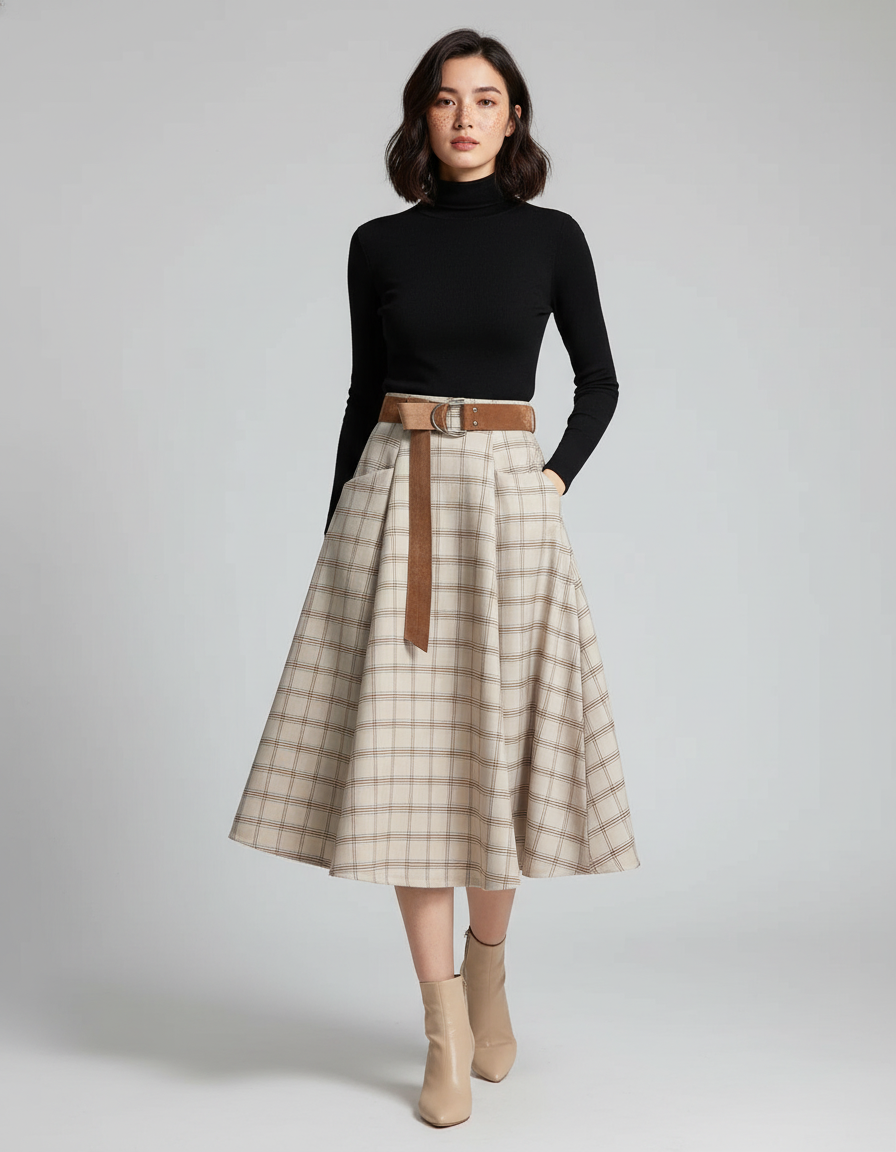 Jupe Midi À Carreaux Évasée Chic