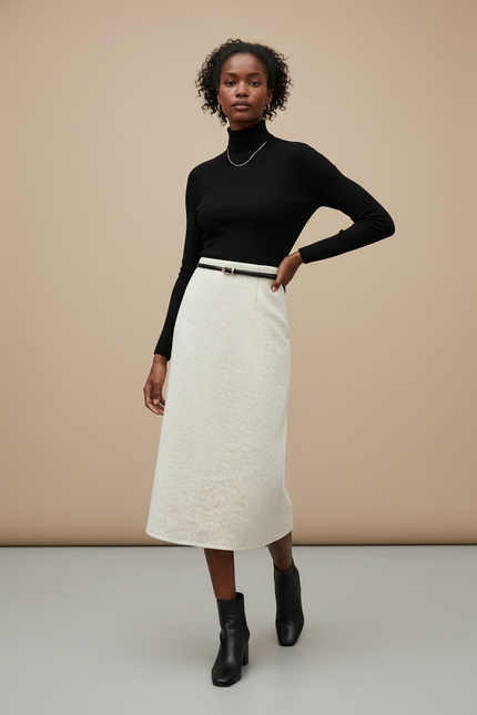Jupe Midi Droite Crème Laine Élégante Femme