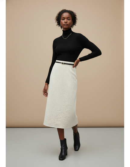 Jupe Midi Droite Crème Laine Élégante Femme