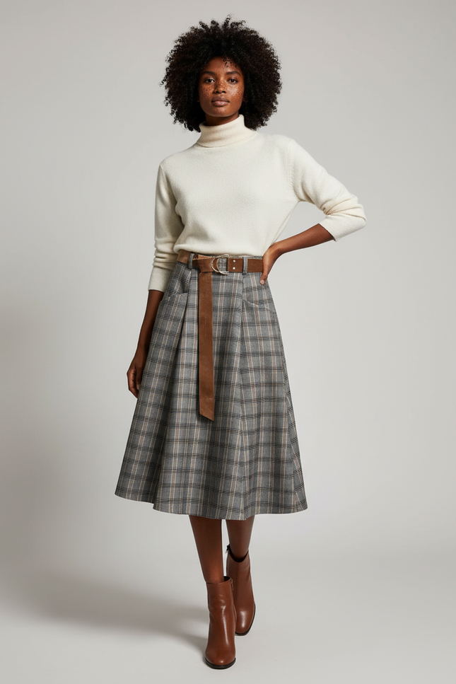 Jupe Midi Carreaux Plissée Chic