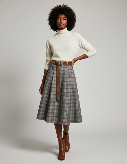 Jupe Midi Carreaux Plissée Chic