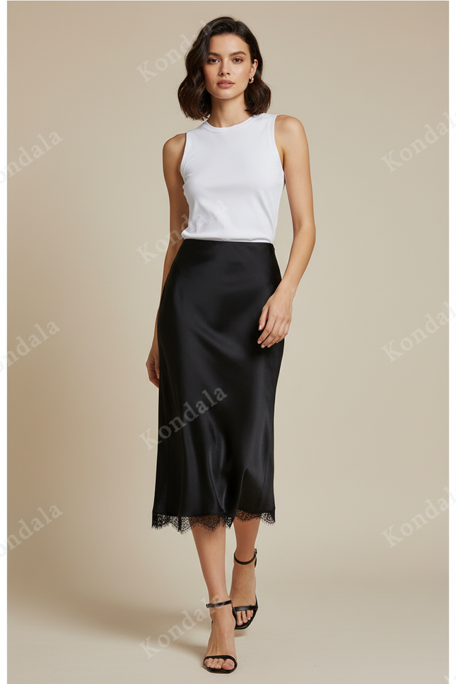 Jupe Midi Satin Dentelle Élégante