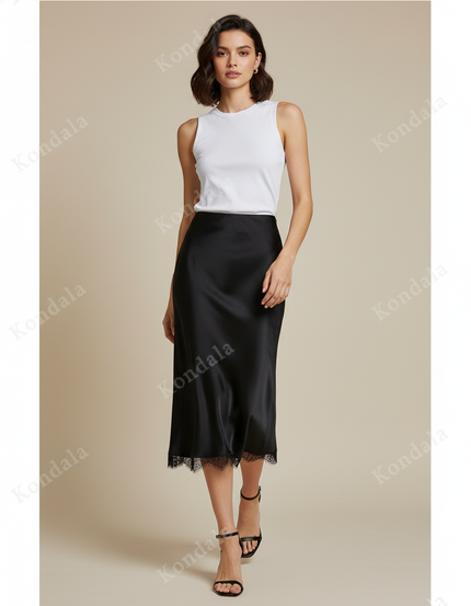 Jupe Midi Satin Dentelle Élégante