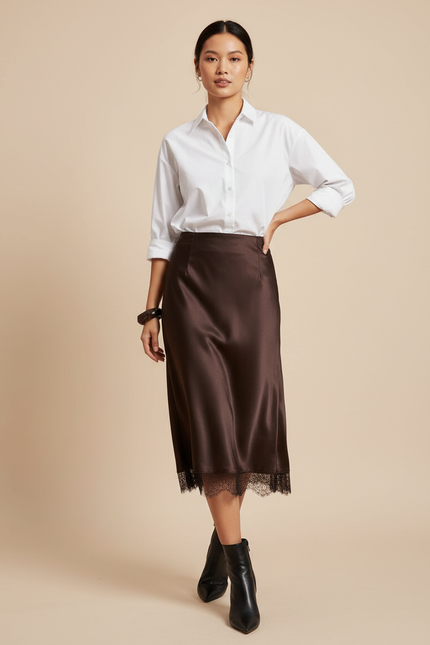 Jupe Midi Satin Marron Dentelle Élégante