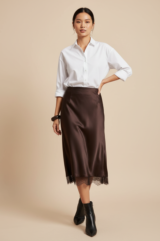 Jupe Midi Satin Marron Dentelle Élégante