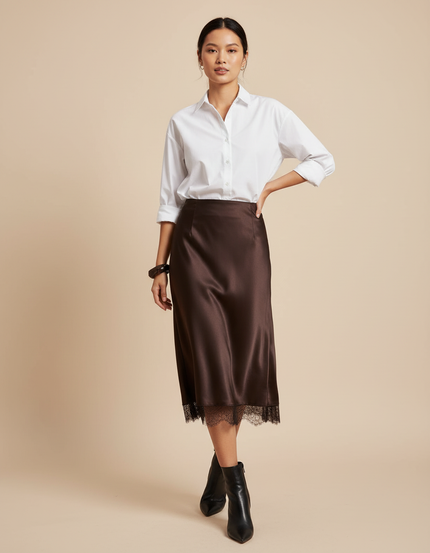 Jupe Midi Satin Marron Dentelle Élégante