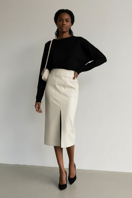 Jupe Midi Faux Cuir Fendue Chic