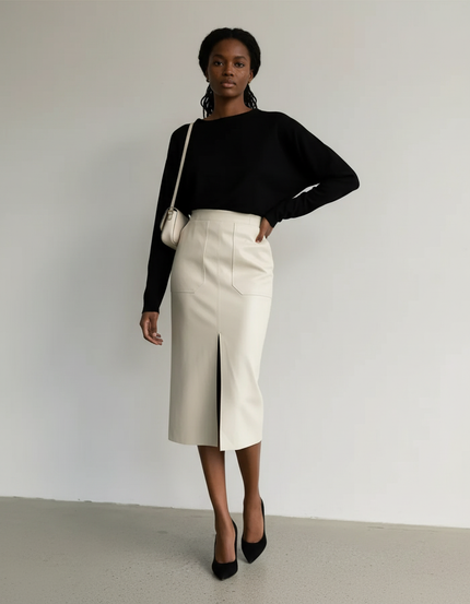 Jupe Midi Faux Cuir Fendue Chic