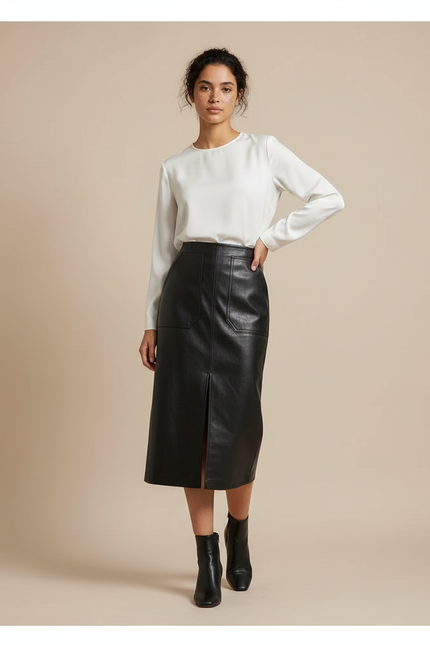 Jupe Midi Noire Similicuir Fendue Chic