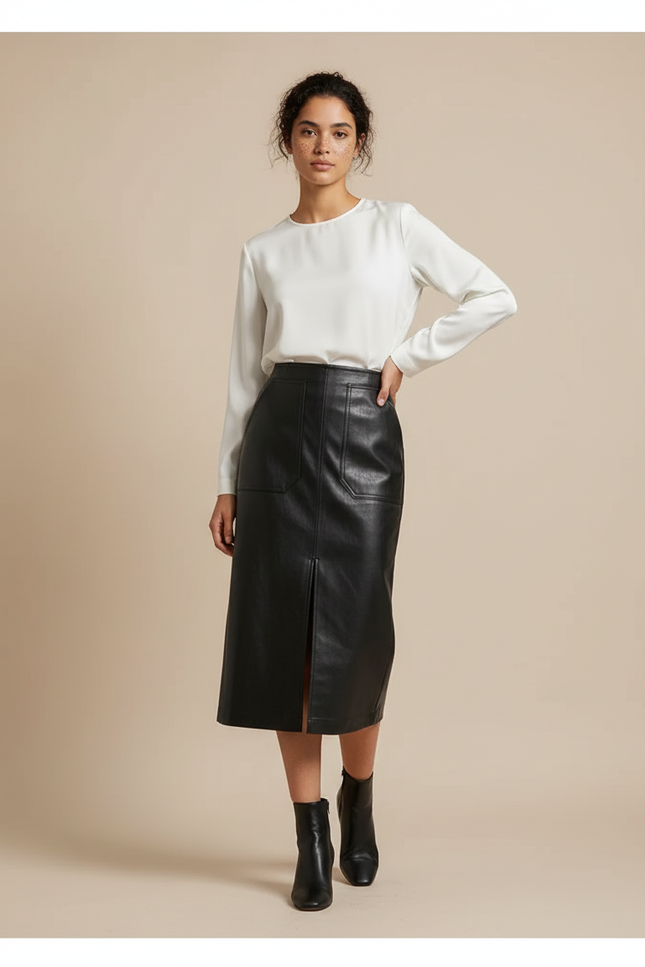 Jupe Midi Noire Similicuir Fendue Chic