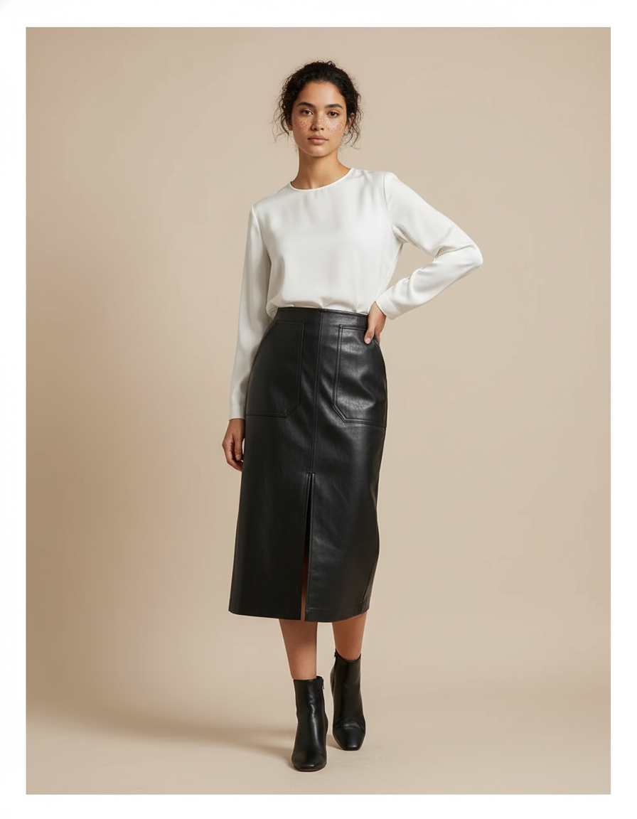 Jupe Midi Noire Similicuir Fendue Chic