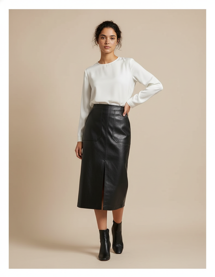 Jupe Midi Noire Similicuir Fendue Chic