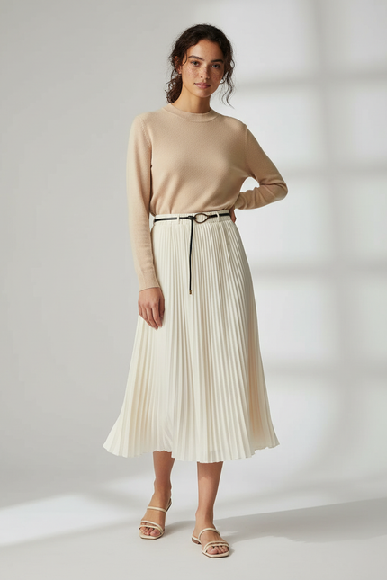 Jupe Midi Plissée Crème Fluide