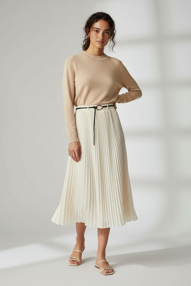 Jupe Midi Plissée Crème Fluide