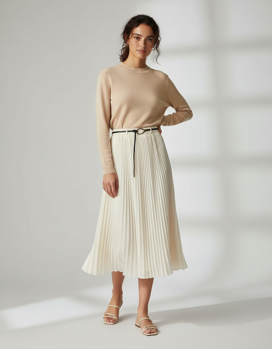 Jupe Midi Plissée Crème Fluide