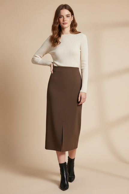 Jupe Midi Marron Fendue Élégante
