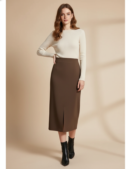 Jupe Midi Marron Fendue Élégante