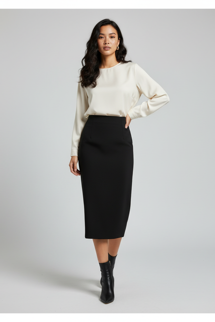 Jupe Midi Noire Taille Haute Élégante structurée