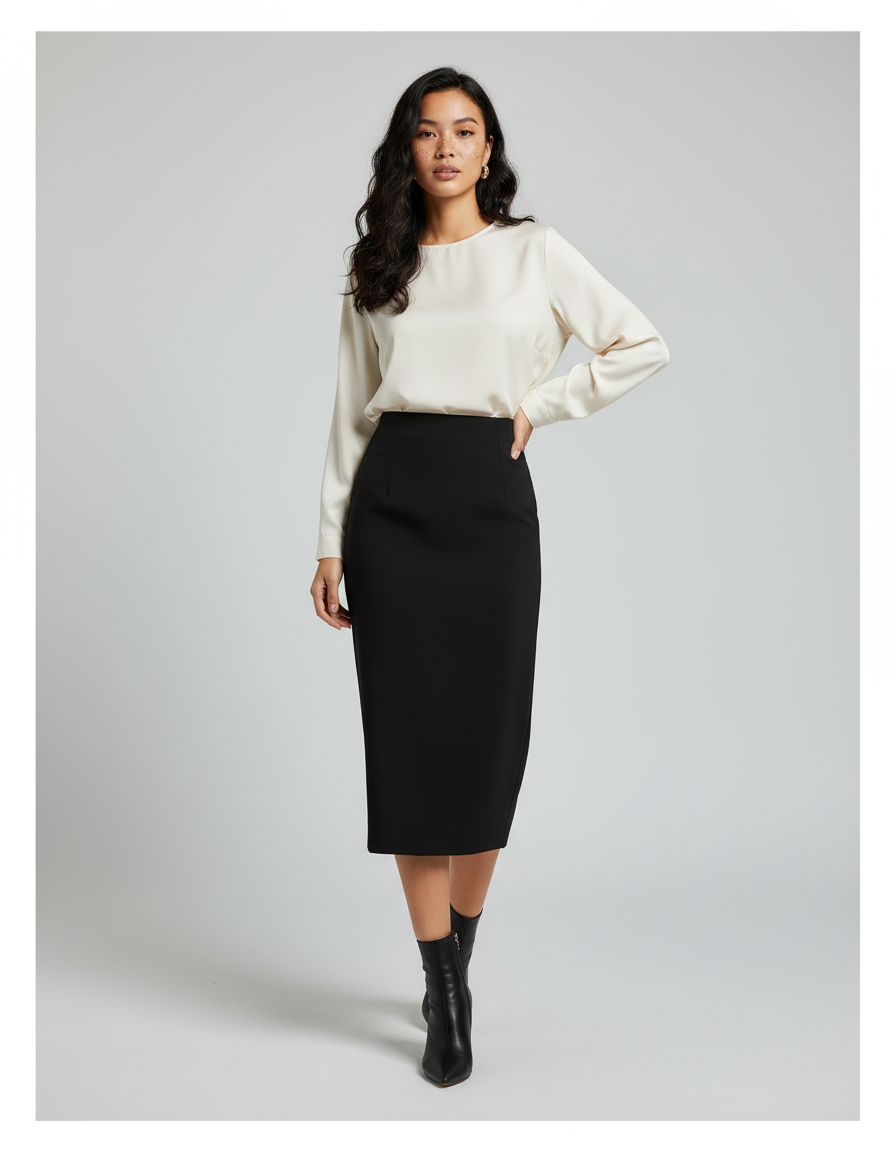 Jupe Midi Noire Taille Haute Élégante structurée