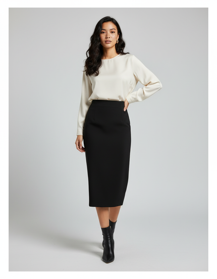 Jupe Midi Noire Taille Haute Élégante structurée