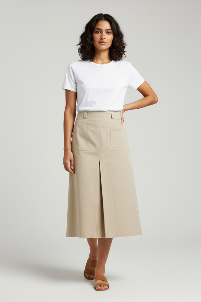 Jupe Midi Beige Plissée Chic