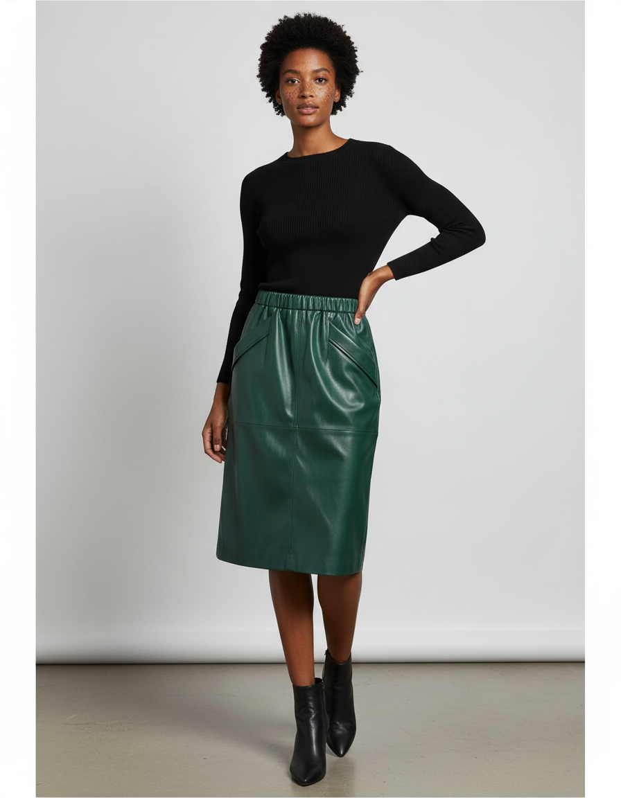 Jupe Midi Verte Cuir Élégante