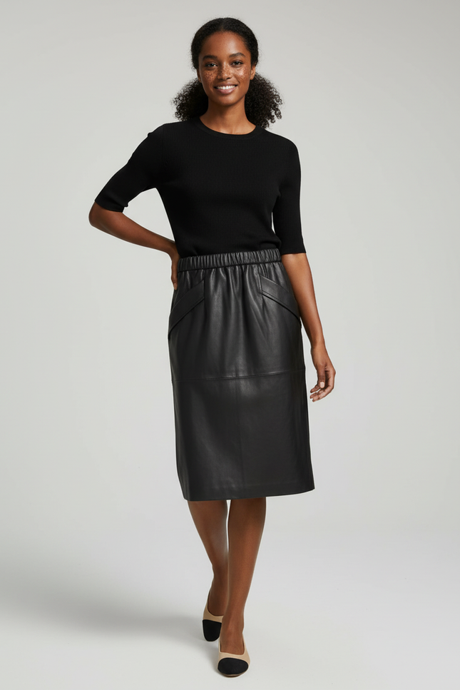 Jupe Midi Cuir Noir Élégante