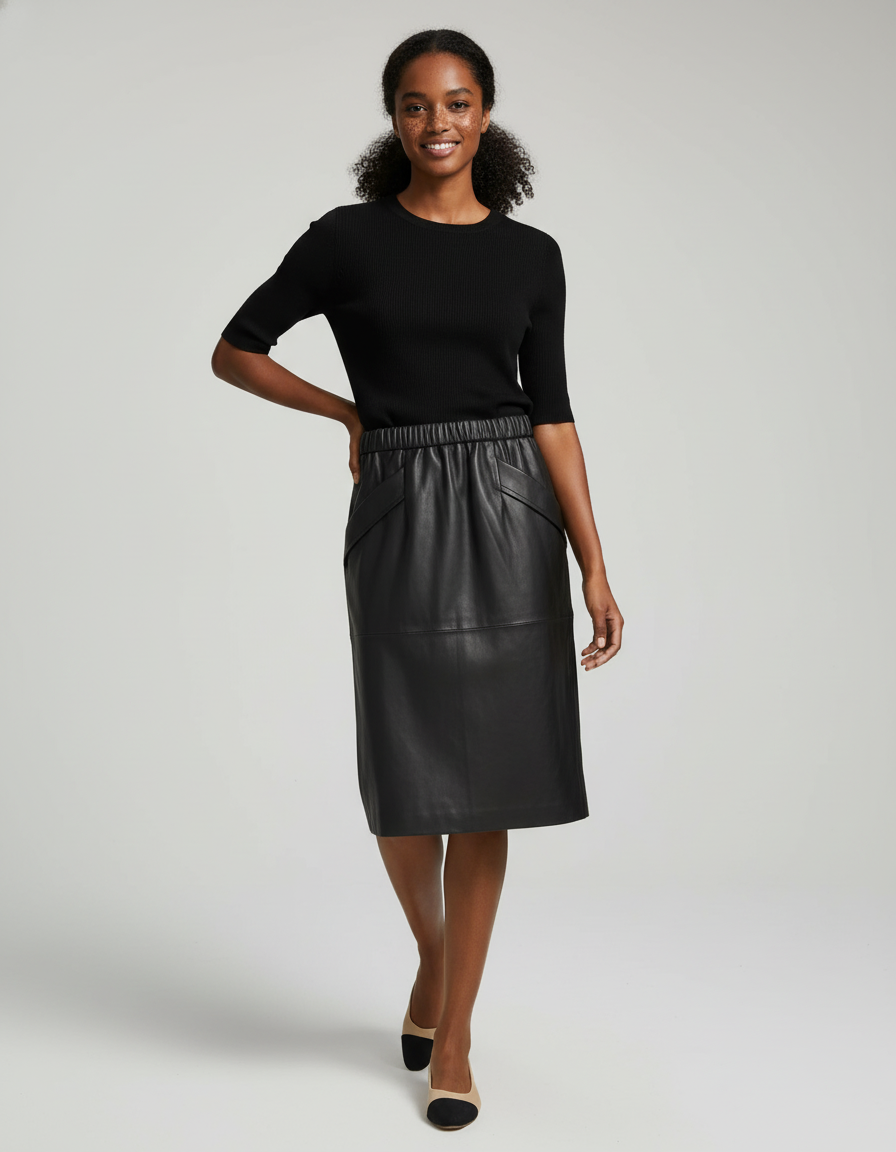 Jupe Midi Cuir Noir Élégante