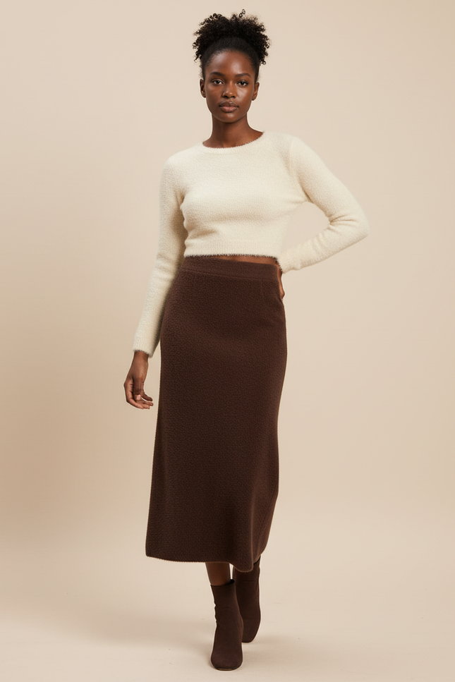 Jupe Midi Marron Tricotée Élégante