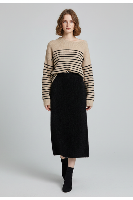 Jupe Midi Noire Maille Peluche Élégante