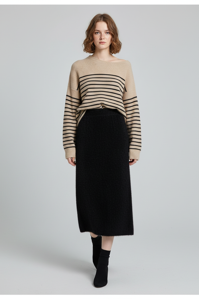 Jupe Midi Noire Maille Peluche Élégante