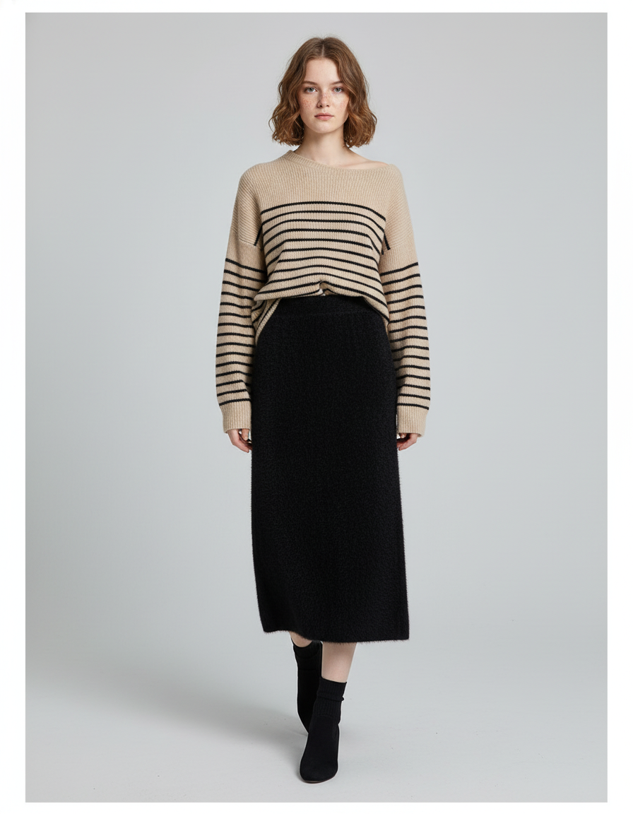 Jupe Midi Noire Maille Peluche Élégante