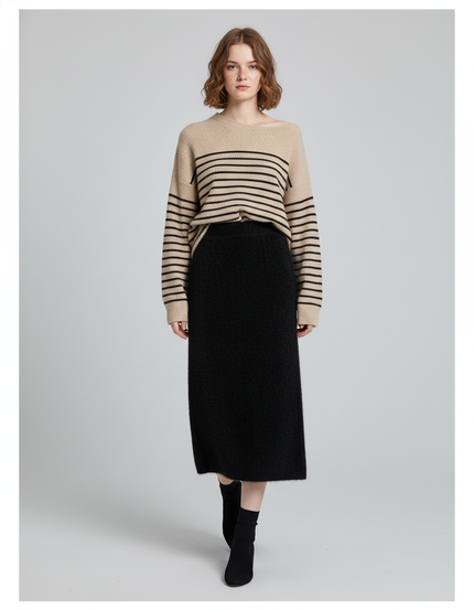 Jupe Midi Noire Maille Peluche Élégante