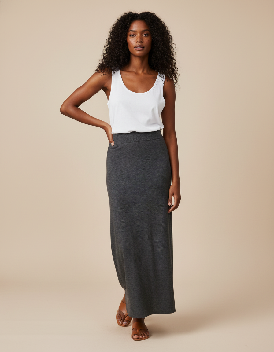 Jupe Midi Gris Anthracite Maille Élégante