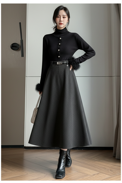 Jupe Midi Laine Gris Foncé Chic