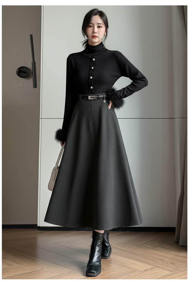 Jupe Midi Laine Gris Foncé Chic