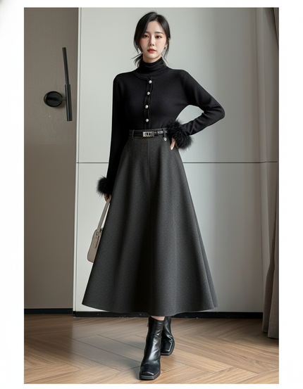 Jupe Midi Laine Gris Foncé Chic