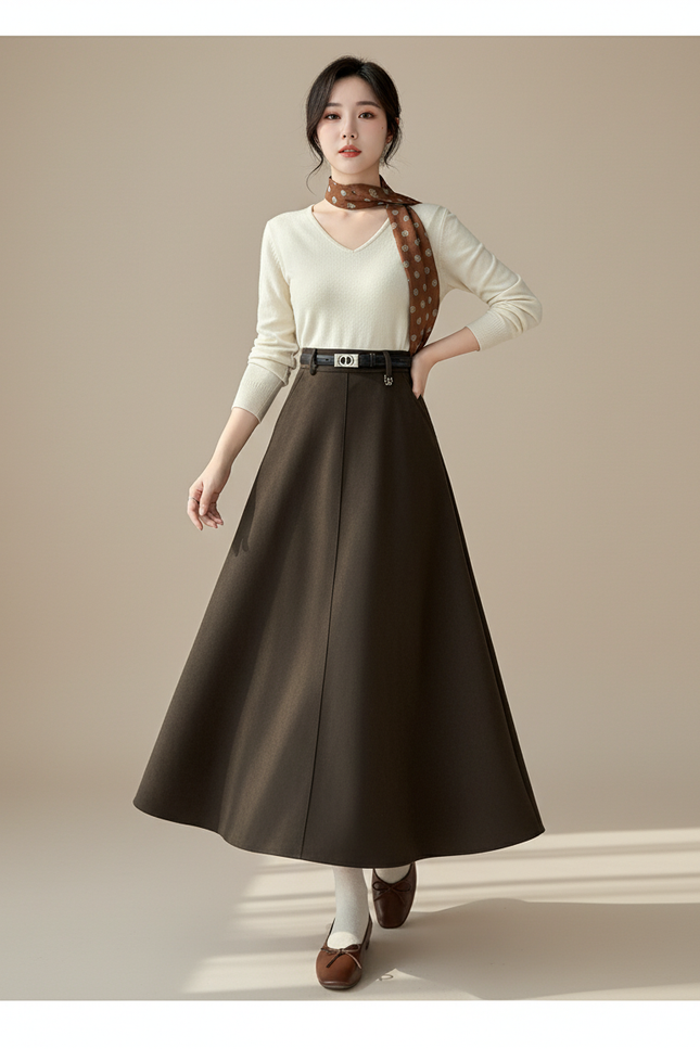 Jupe Midi Marron Évasée Chic