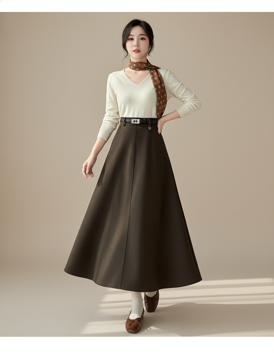 Jupe Midi Marron Évasée Chic