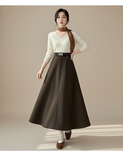 Jupe Midi Marron Évasée Chic