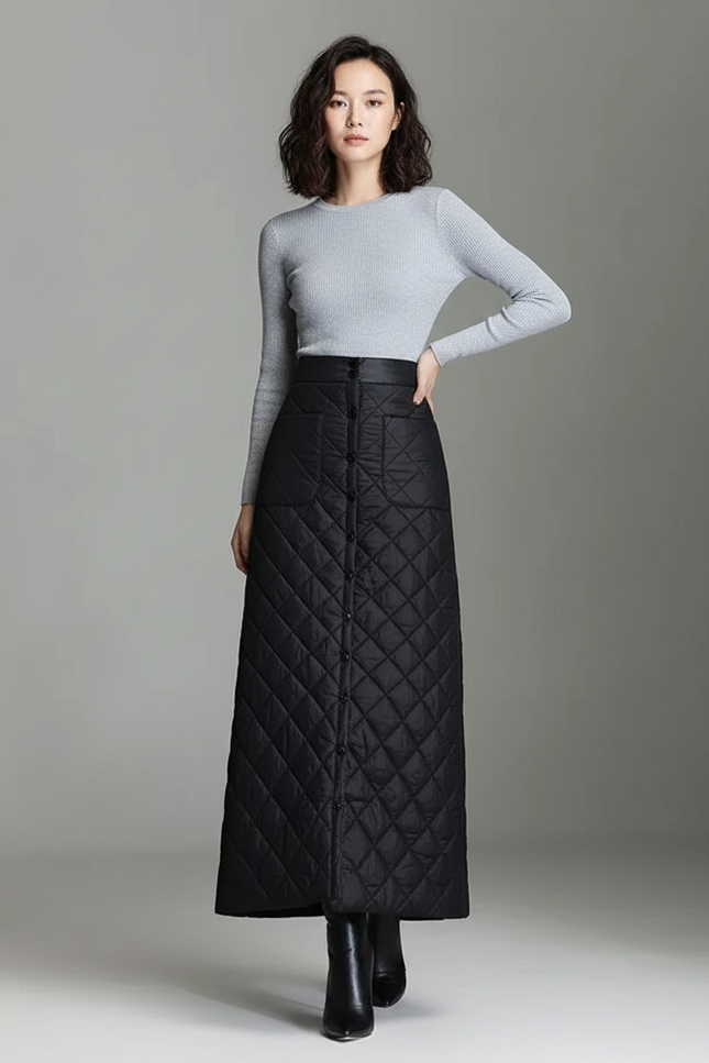 Jupe Midi Noire Matelassée Chic