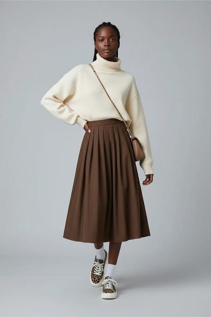 Jupe Midi Marron Plissée Élégante